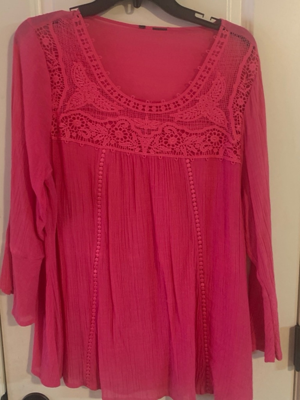 Women’s Crochet Yoke Long-Sleeve Top - Hot Pink